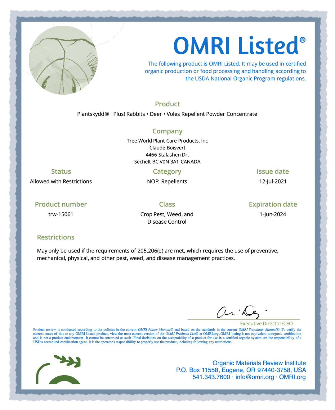 OMRI - Plantskydd® - Powder Concentrate (TRW-15061) Certificate