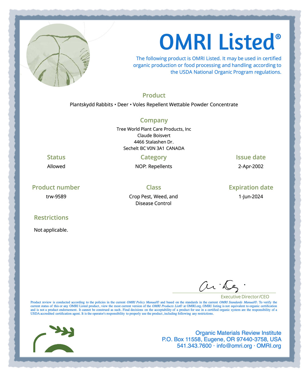 OMRI - Plantskydd® - Wettable Powder Concentrate (TRW-9589) Certificate