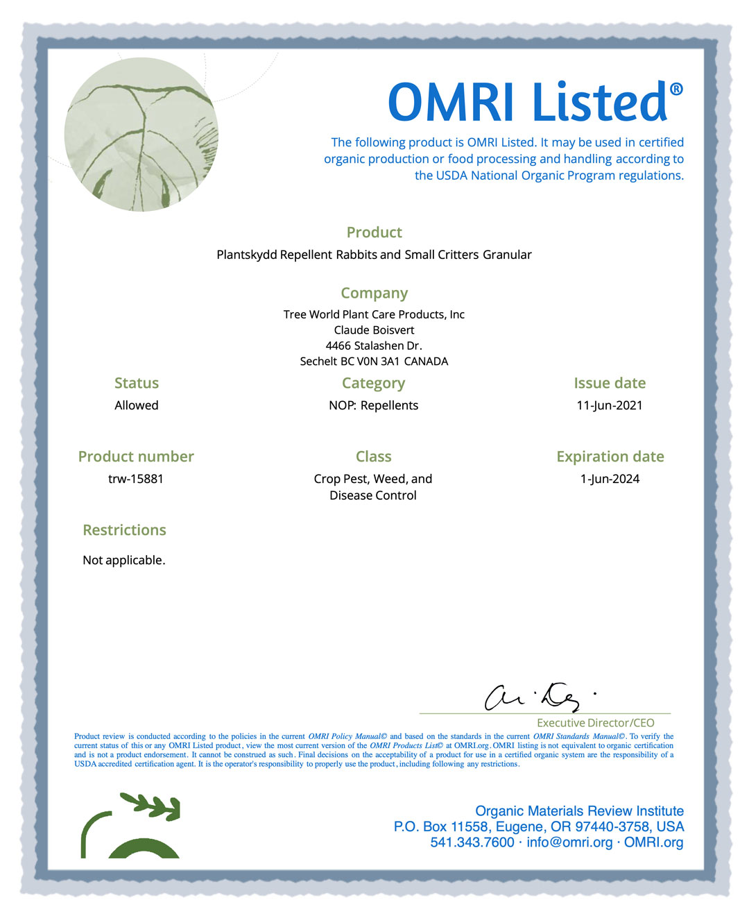 OMRI - Plantskydd® - Granular (TRW-15881) Certificate